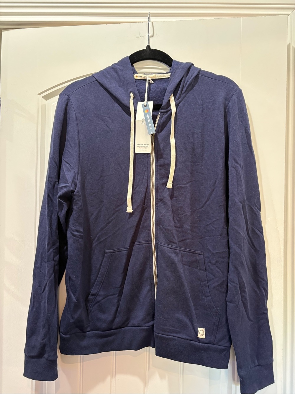 Marine Layer Navy Zip Hoodie with Cream Drawstrings